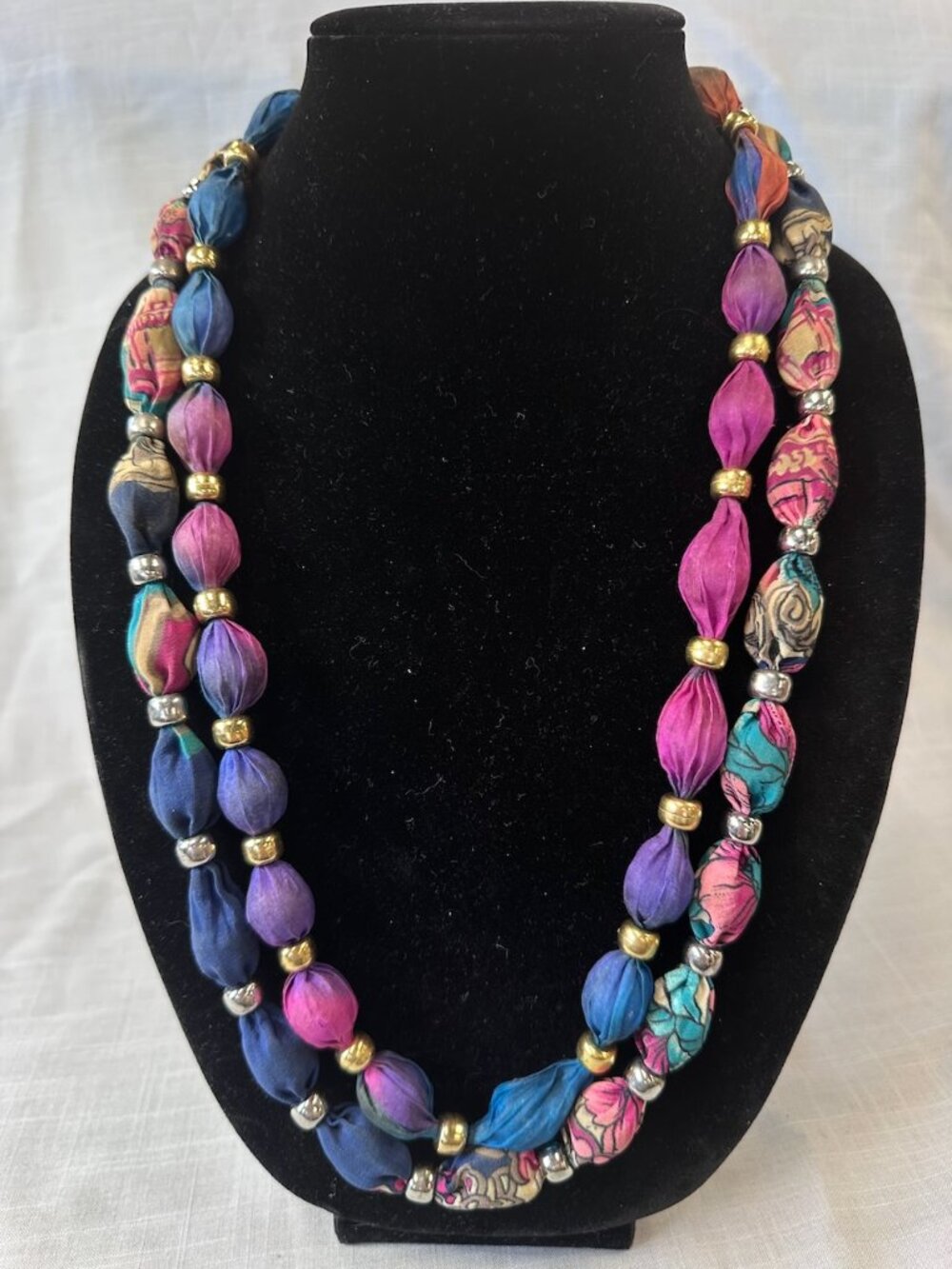 Two Vintage Boho Fabric Covered Beaded Necklaces